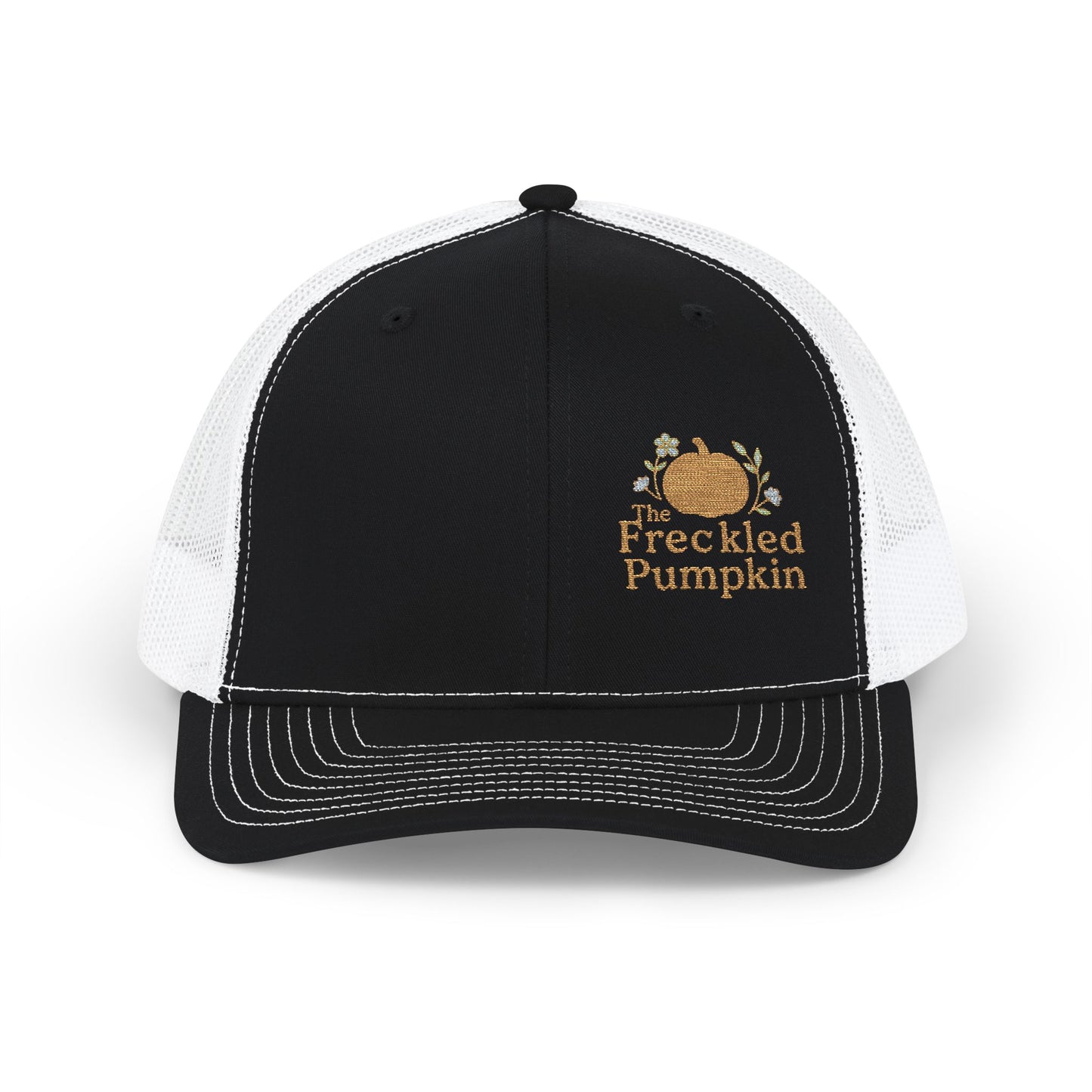 The Freckled Pumpkin Logo Snapback Trucker Cap, Pumpkin Embroidered Cap, Autumn Outfit Accessories, Outdoor Events, Gift for Him/Her