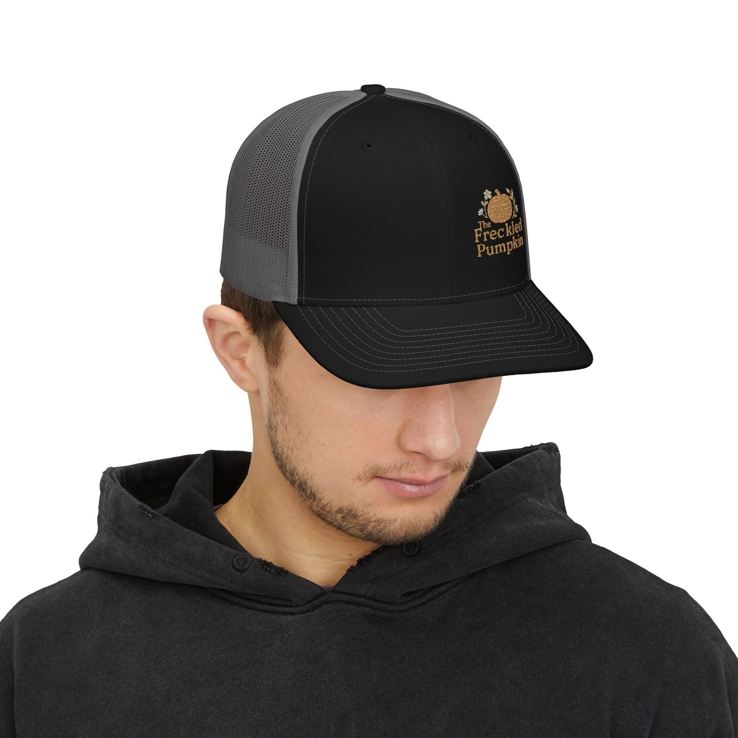 The Freckled Pumpkin Logo Snapback Trucker Cap, Pumpkin Embroidered Cap, Autumn Outfit Accessories, Outdoor Events, Gift for Him/Her