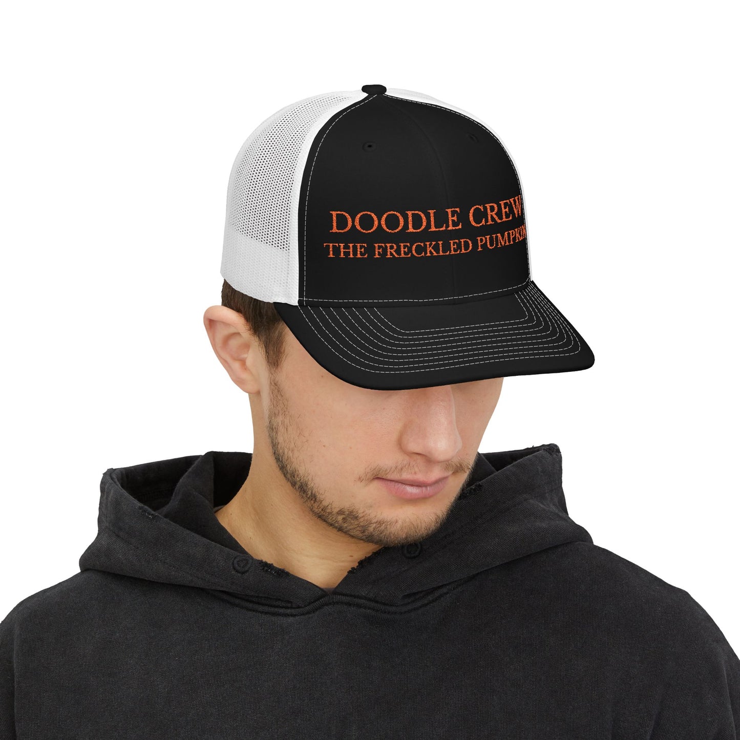 ✍️ Doodle Crew Snapback Trucker Cap, Embroidered Cap for Gardeners, Outdoor Enthusiasts, Eco-Friendly Gift, Unique Style, Casual Fashion