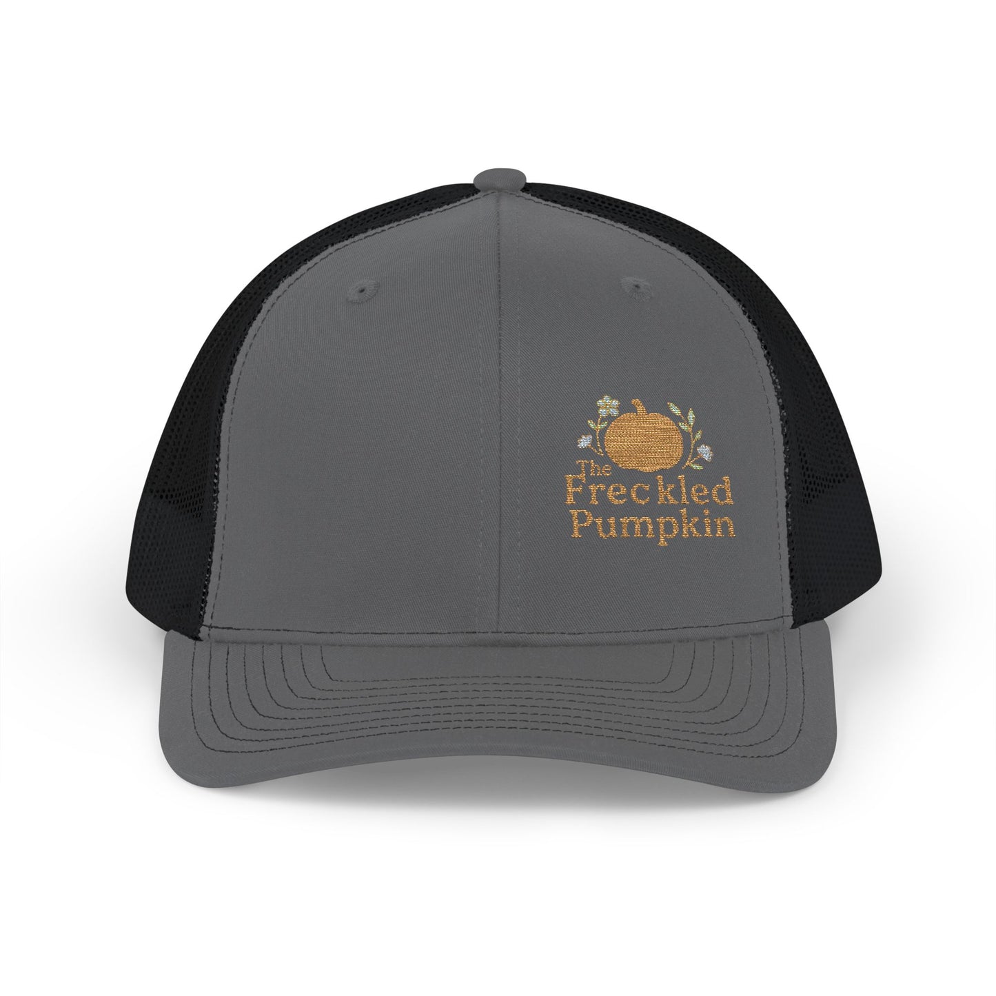 The Freckled Pumpkin Logo Snapback Trucker Cap, Pumpkin Embroidered Cap, Autumn Outfit Accessories, Outdoor Events, Gift for Him/Her