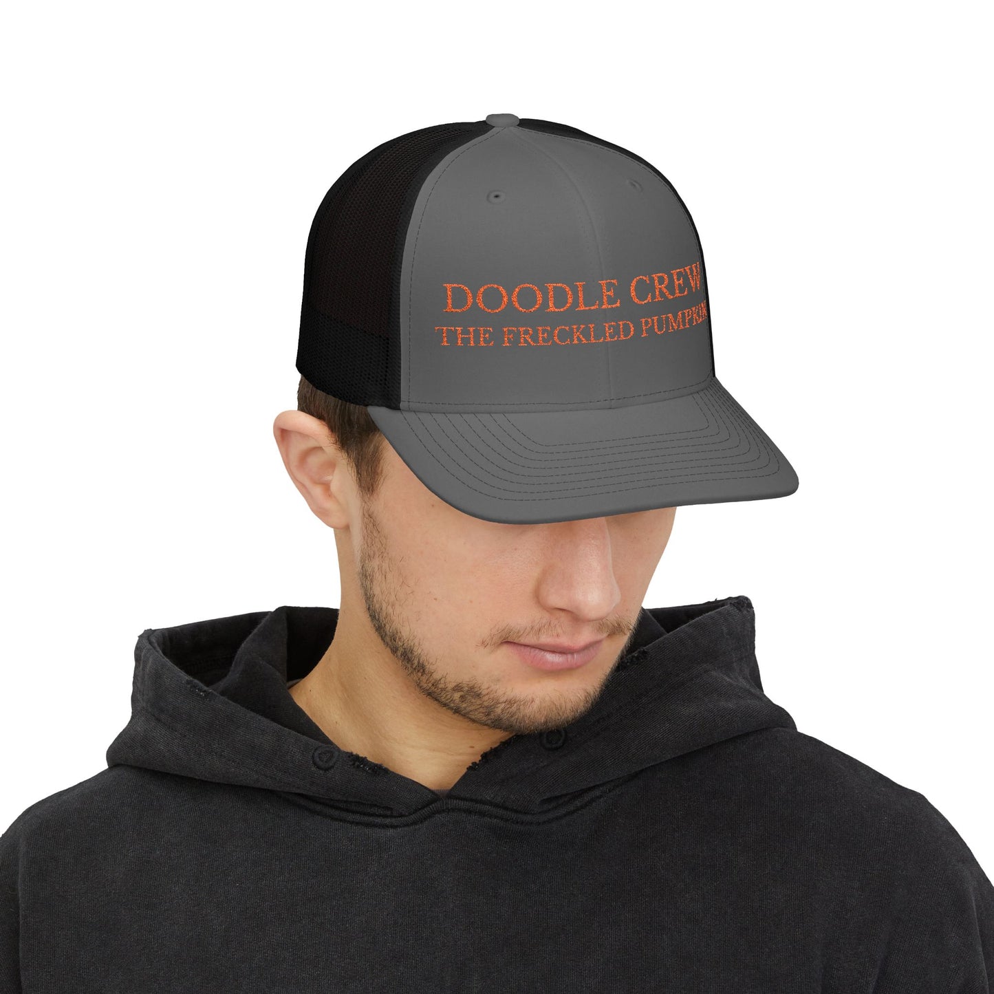 ✍️ Doodle Crew Snapback Trucker Cap, Embroidered Cap for Gardeners, Outdoor Enthusiasts, Eco-Friendly Gift, Unique Style, Casual Fashion