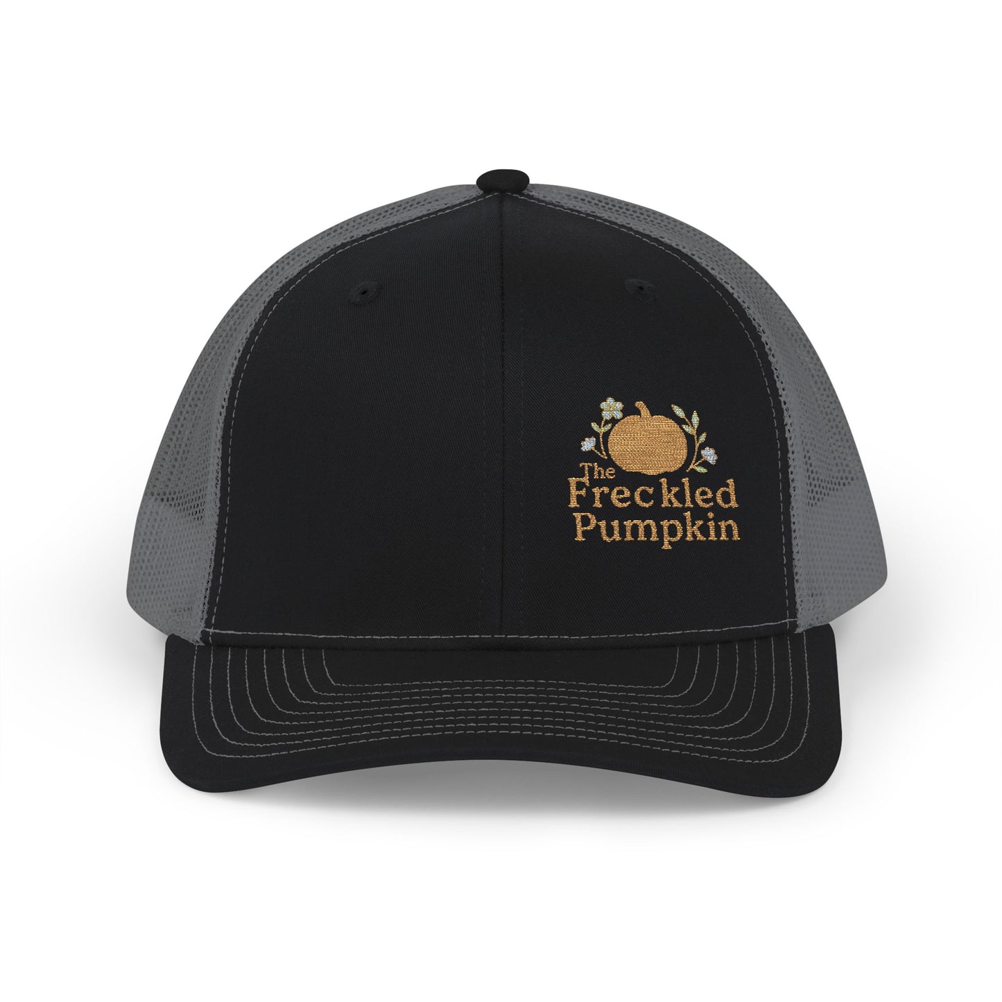 The Freckled Pumpkin Logo Snapback Trucker Cap, Pumpkin Embroidered Cap, Autumn Outfit Accessories, Outdoor Events, Gift for Him/Her