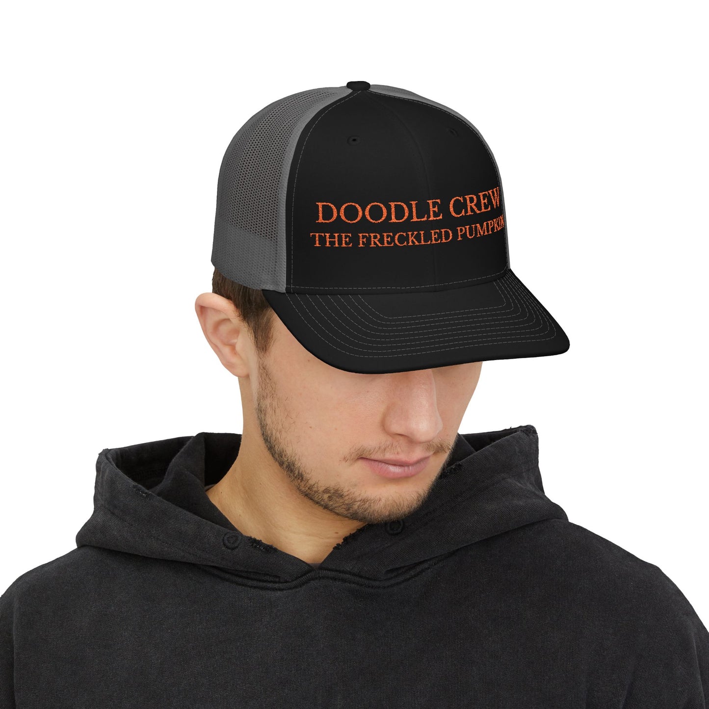 ✍️ Doodle Crew Snapback Trucker Cap, Embroidered Cap for Gardeners, Outdoor Enthusiasts, Eco-Friendly Gift, Unique Style, Casual Fashion