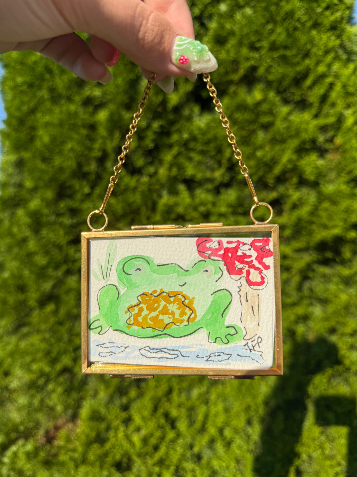 Frog Framed Mini Watercolor Painting – 3.5x2.5 in Original Art