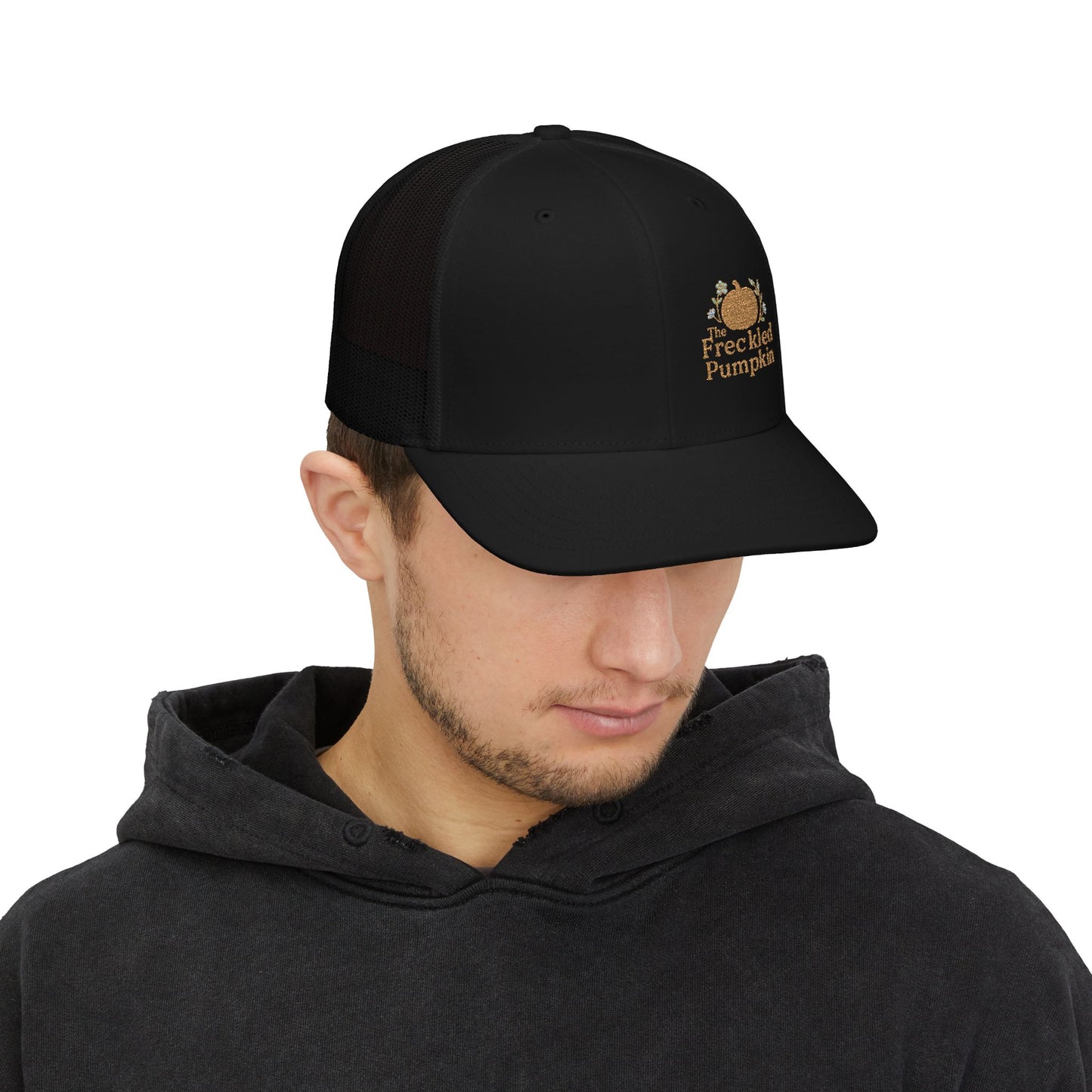 The Freckled Pumpkin Logo Snapback Trucker Cap, Pumpkin Embroidered Cap, Autumn Outfit Accessories, Outdoor Events, Gift for Him/Her