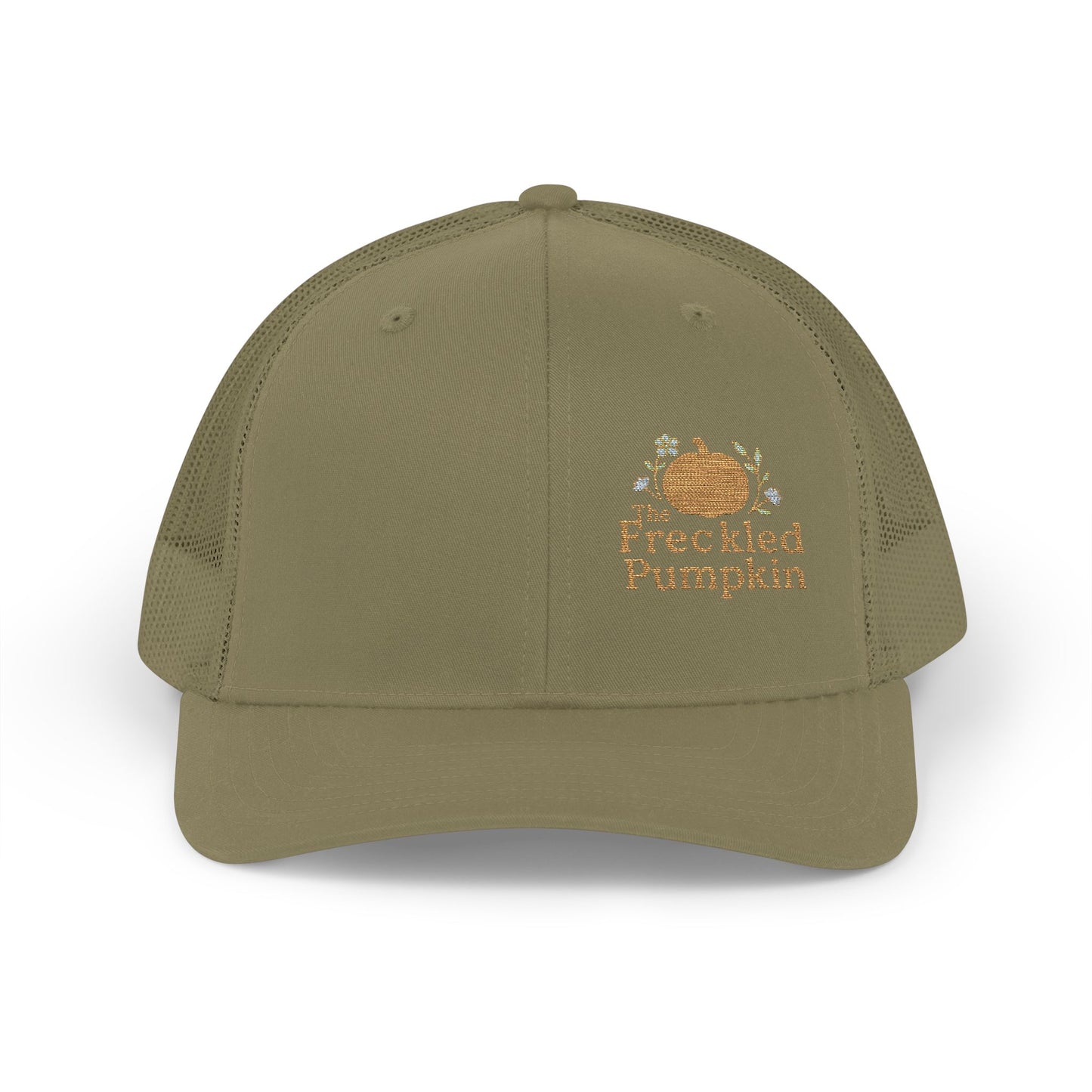 The Freckled Pumpkin Logo Snapback Trucker Cap, Pumpkin Embroidered Cap, Autumn Outfit Accessories, Outdoor Events, Gift for Him/Her