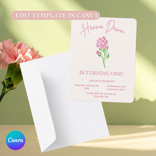 Birth Flower First Birthday Invitation Template | Editable Canva 1st Birthday Invite | Personalized Floral Baby Party Invitation | Carnation