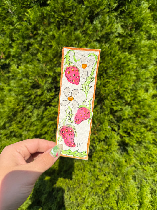 Gold Boarder Strawberry Whimsical Watercolor Bookmark