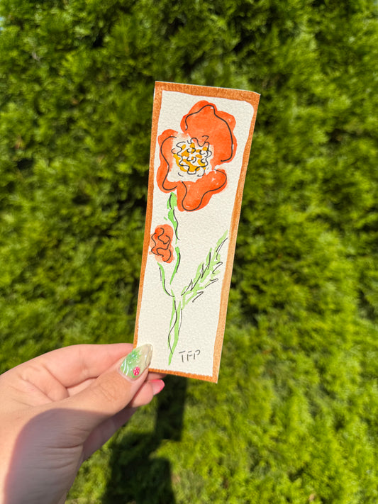 Poppy Floral Gold Boarder Whimsical Watercolor Bookmark