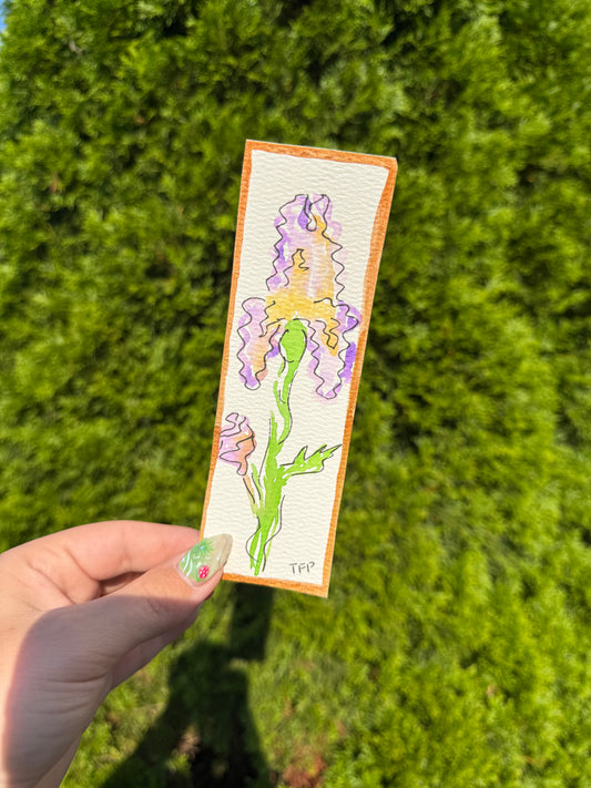 Iris Floral Gold Boarder Whimsical Watercolor Bookmark