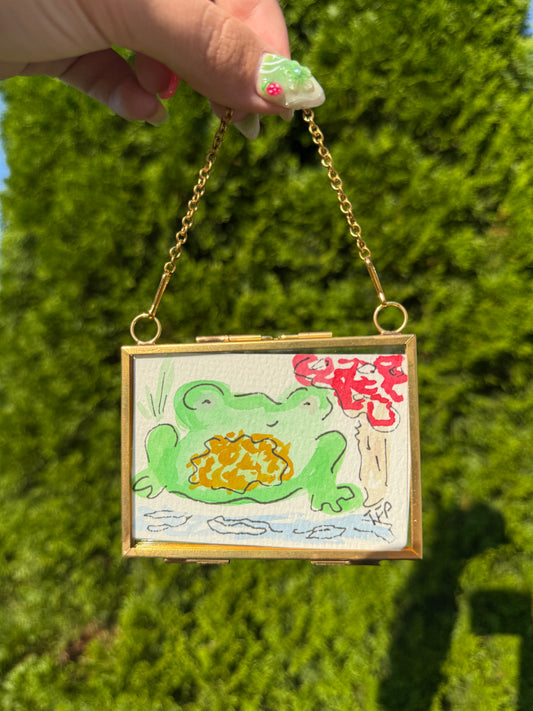Frog Framed Mini Watercolor Painting – 3.5x2.5 in Original Art