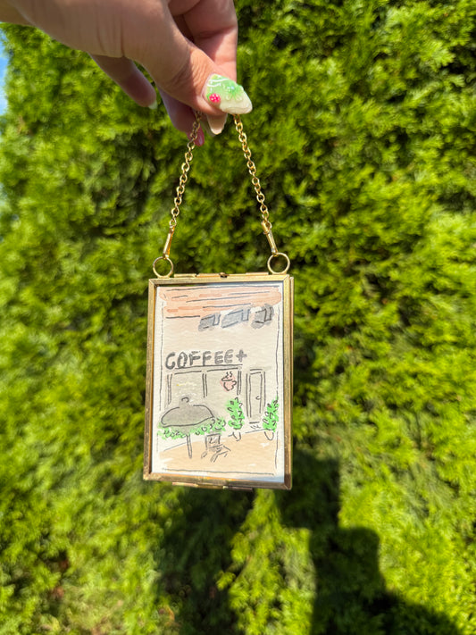 Misty’s Coffee Shop Framed Mini Watercolor Painting – 3.5x2.5 in Original Art