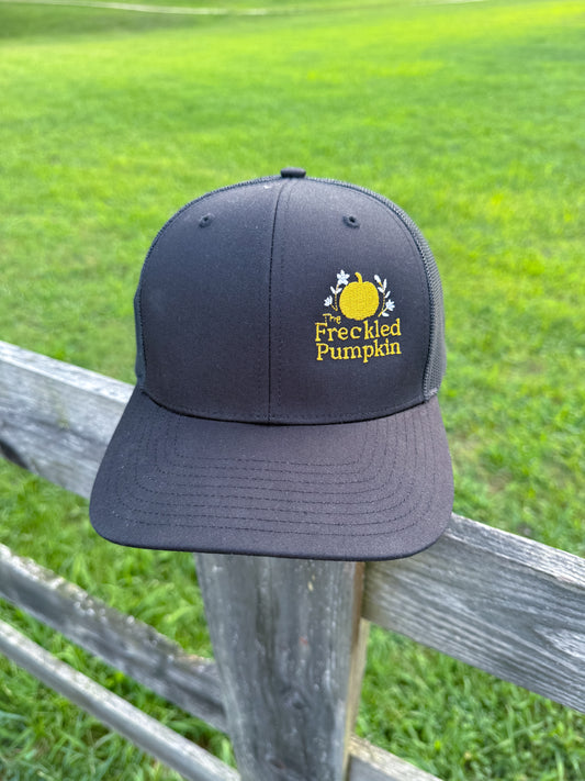 The Freckled Pumpkin Logo Snapback Trucker Cap, Pumpkin Embroidered Cap, Autumn Outfit Accessories, Outdoor Events, Gift for Him/Her