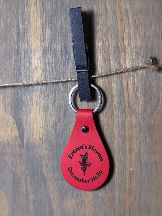 Holly December Birth Flower Leather Engraved Keychain