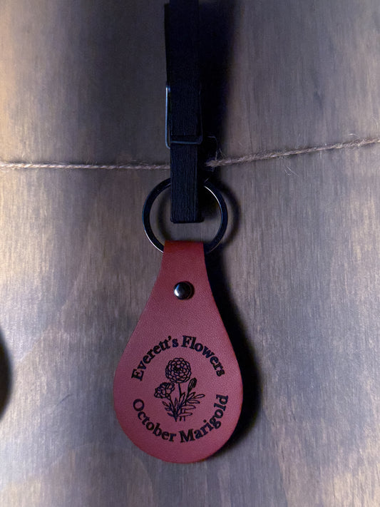 Marigold October Birth Flower Leather Engraved Keychain
