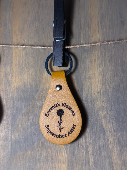 Aster September Birth Flower Leather Engraved Keychain