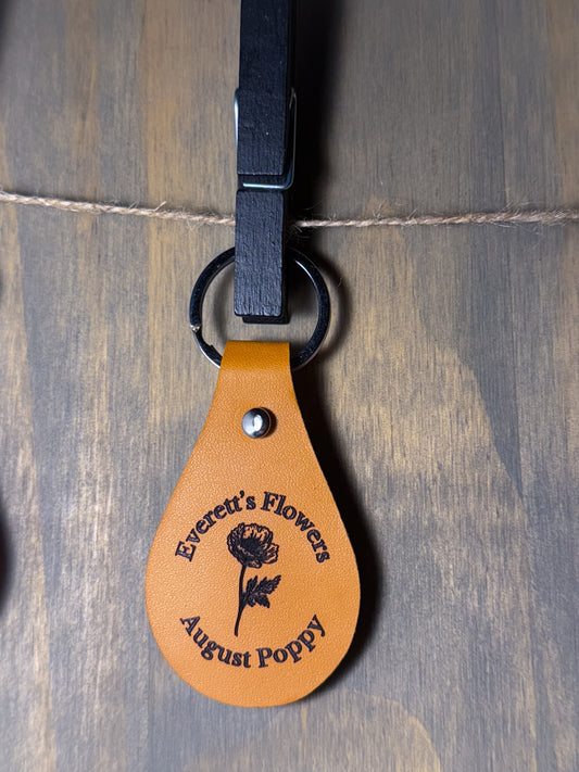 Poppy August Birth Flower Leather Engraved Keychain