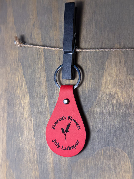 Larkspur July Birth Flower Leather Engraved Keychain