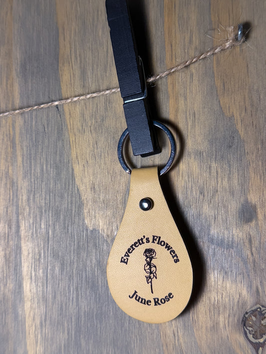 Rose June Birth Flower Leather Engraved Keychain