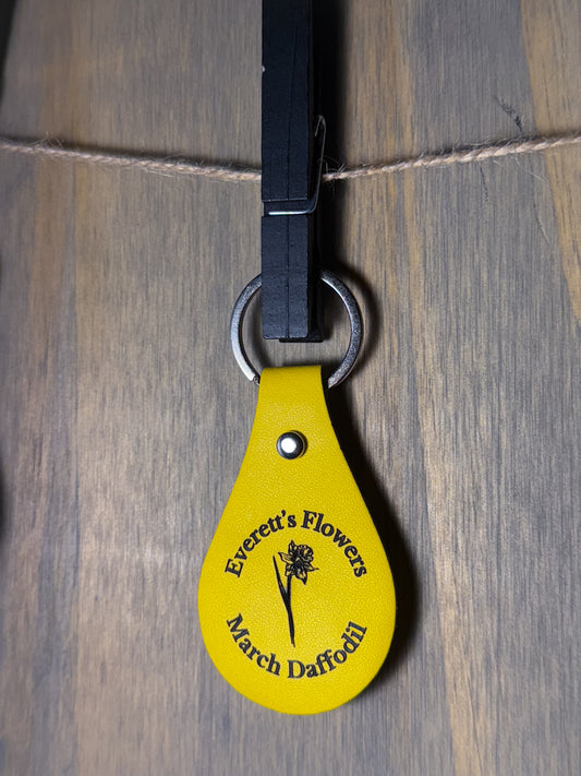 Daffodil March Birth Flower Leather Engraved Keychain