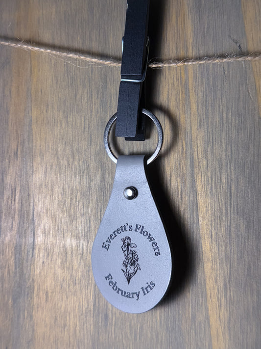 Iris February Birth Flower Leather Engraved Keychain