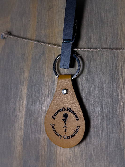 Carnation January Birth Flower Leather Engraved Keychain